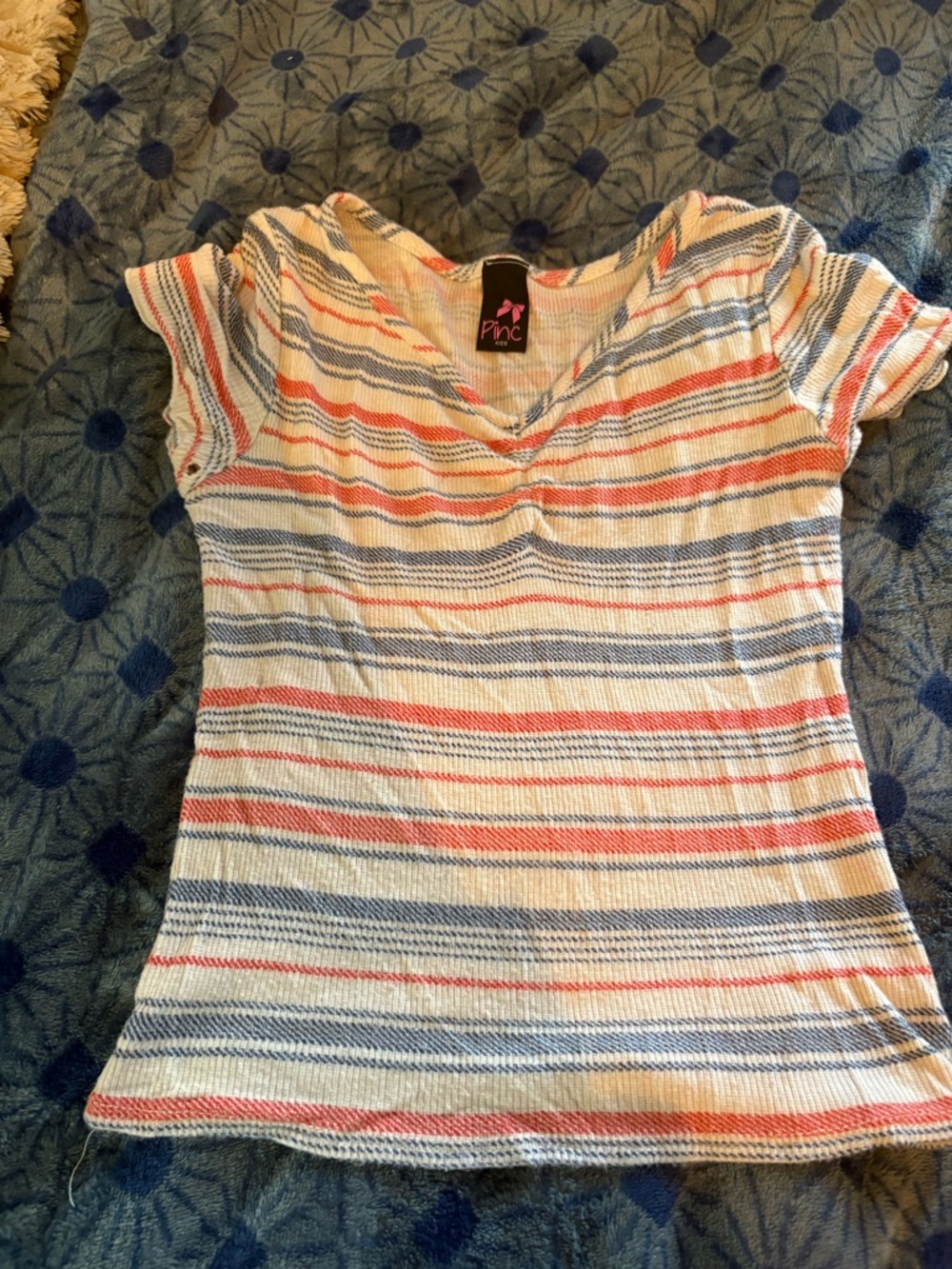 Striped V-Neck Short Sleeve Top in White with Red & Blue Stripes